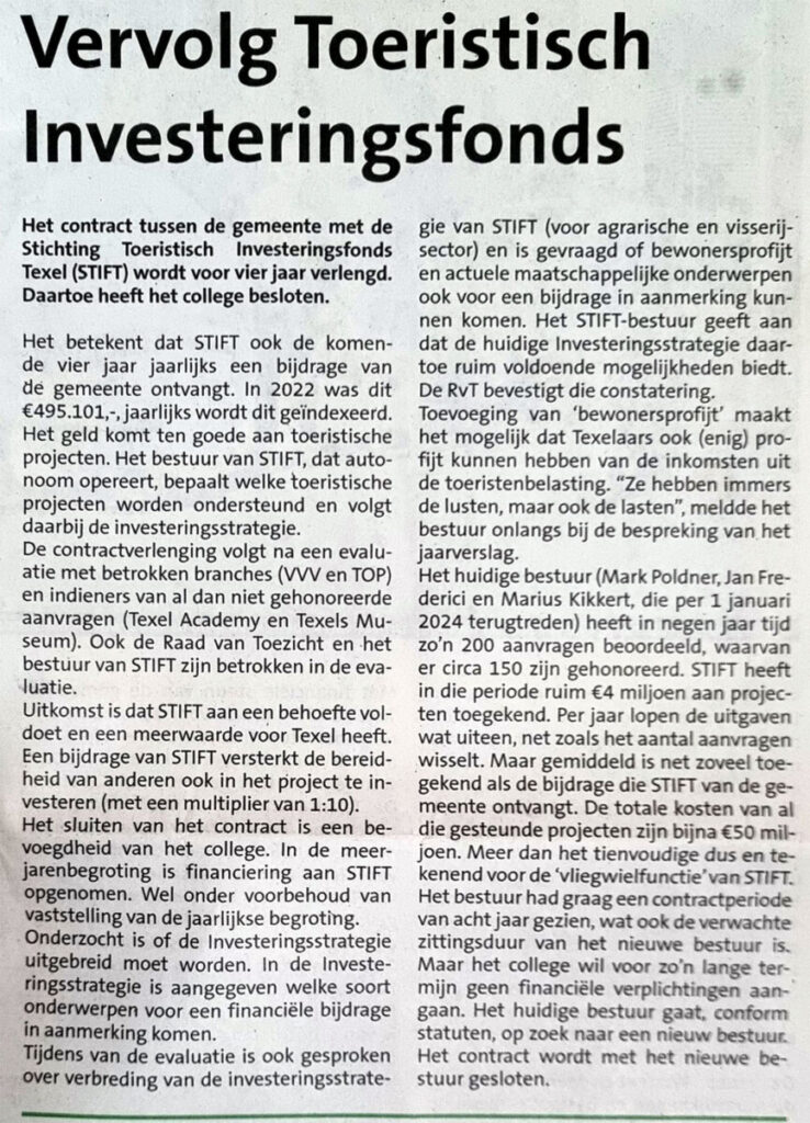 Vervolg Toeristisch Investeringsfonds
