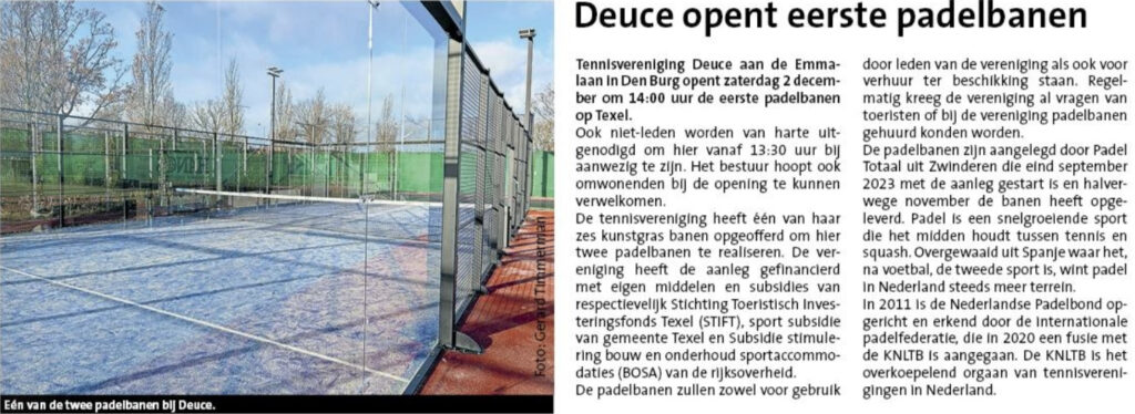 Deuce opent eerste padelbanen